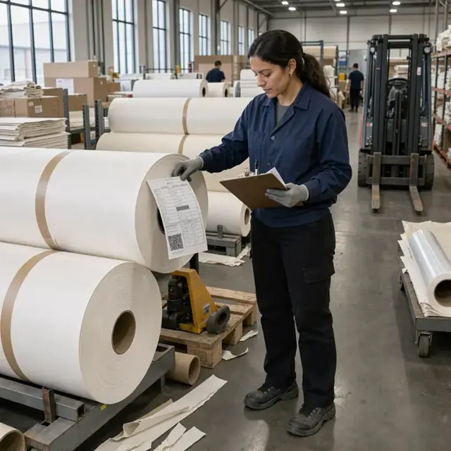 a worker checking material certification labels on large paper rolls in a stockroom next to a clipboard with checklists