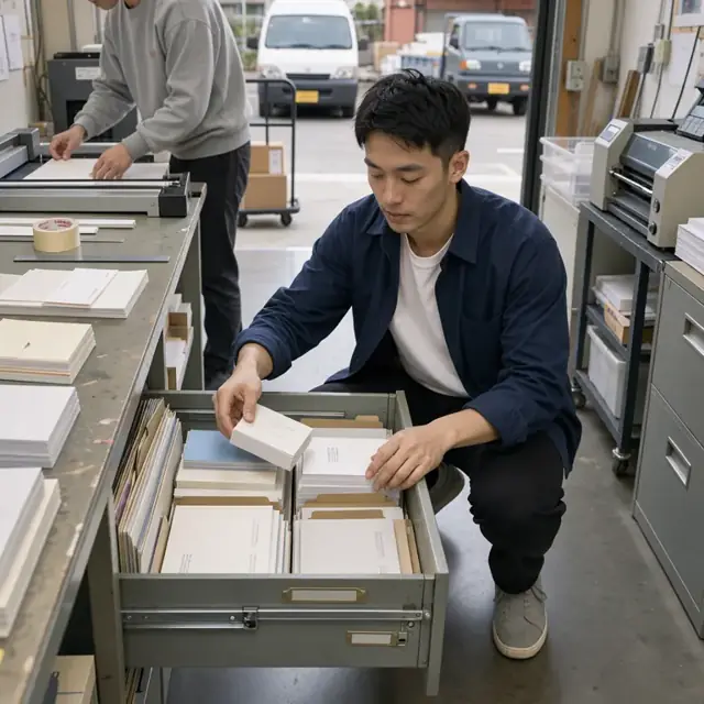 a worker organizing stacks of sample business cards and letterhead in a filing cabinet drawer