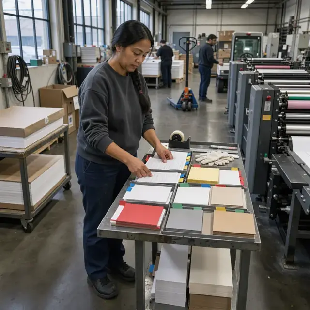a worker standing beside a printing press arranging job tickets by color and paper type
