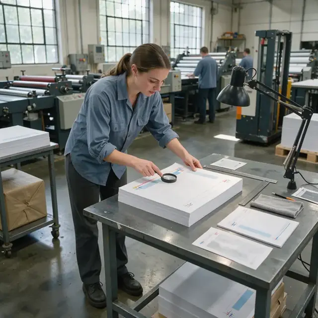 a worker using a magnifier to check registration marks on a stack of printed letterhead sheets at an inspection station