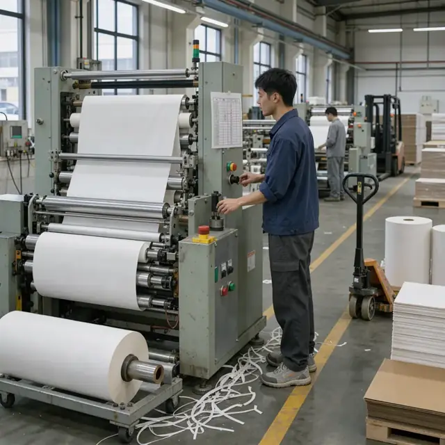 a worker standing at a large paper converting machine adjusting controls while checking a printed schedule taped to the machine frame