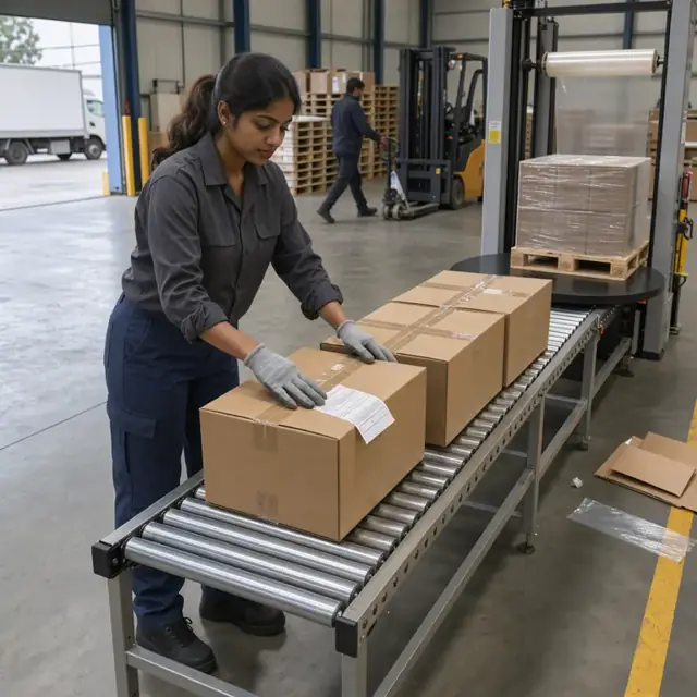 a worker applying a printed label to a corrugated case of paper towels on a conveyor line leading to a pallet wrapper