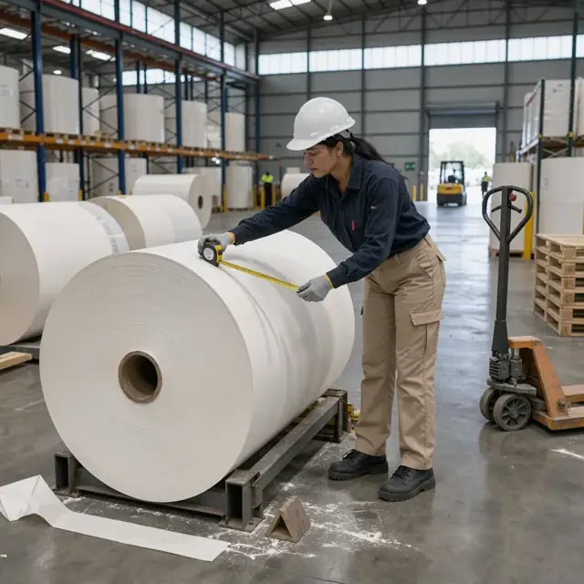 a worker measuring the width of a large jumbo parent roll with a tape measure inside a high-bay paper warehouse