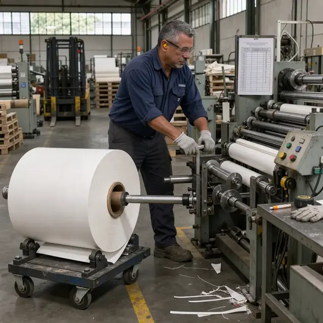 a worker loading a large parent paper roll onto a slitter machine beside a printed weekly production schedule