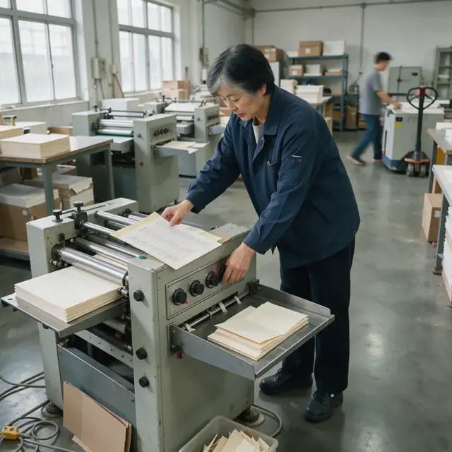 a worker adjusting dials on a paper folding machine while referencing a printed production schedule taped to the equipment