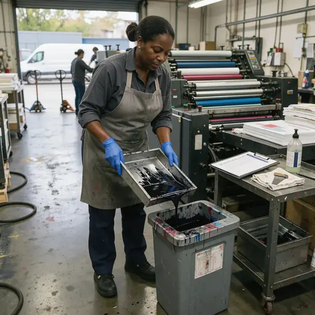 a worker wearing gloves pouring residual ink from a press tray into a labeled waste container beside a safety checklist clipboard