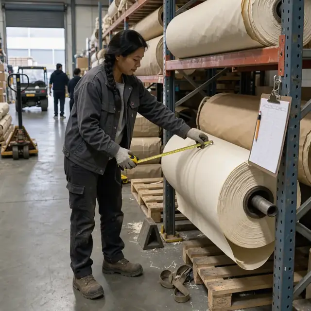 a worker measuring the remaining width on a large paper roll stored in an industrial rack next to an inventory clipboard