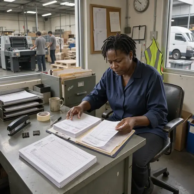a worker organizing printed log sheets, maintenance records and waste manifests at a metal desk in a print shop office