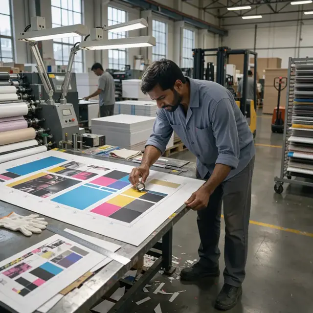 a worker using a loupe to inspect registration marks and color on a printed sheet under bright inspection lights