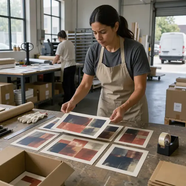 a worker reviewing printed samples of a completed order laid out on a table before packaging for shipment