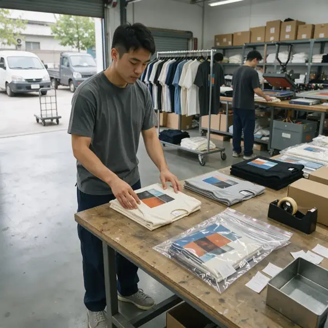 a worker folding printed t-shirts at a large work table and placing them into poly bags with care labels