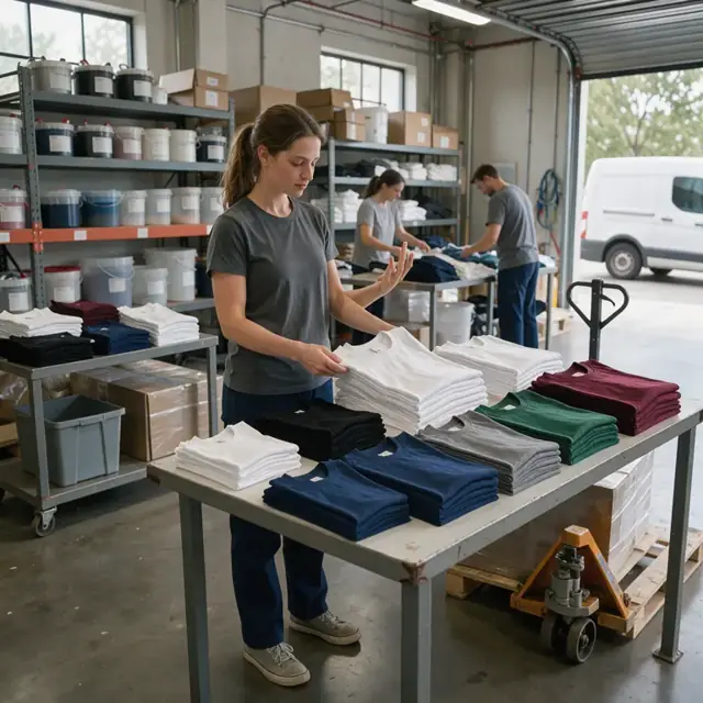 a worker counting stacks of blank t-shirts by color and size in an organized stockroom with shelves of ink containers