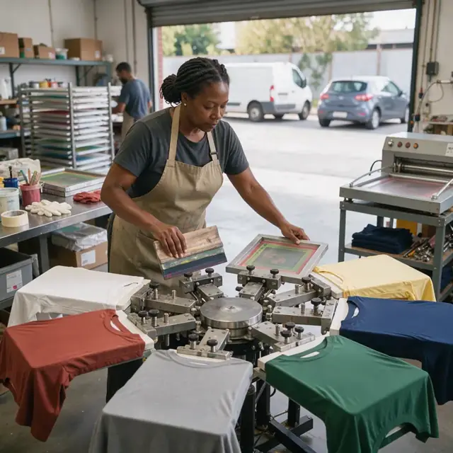 a worker loading a screen onto a six-color manual press with a squeegee in hand and shirts positioned on the platens
