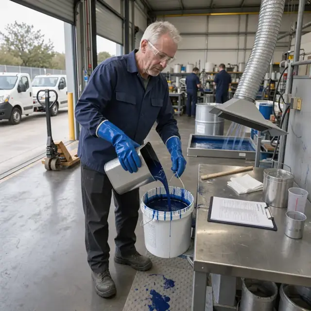 a worker checking ventilation and wearing gloves while pouring ink from a container into a mixing bucket next to a safety data sheet clipboard