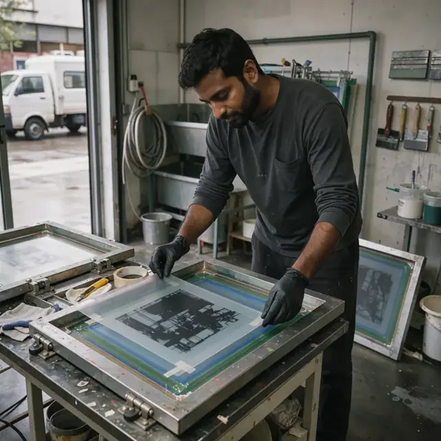 a worker in a darkroom using a screen exposure unit with a large film positive aligned on a coated mesh screen