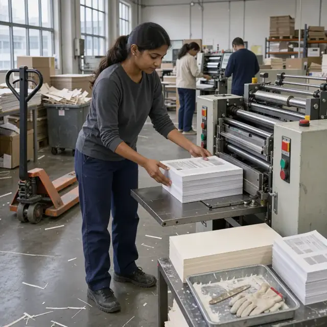 a worker operating a large perfect binding machine feeding printed signatures into the clamp