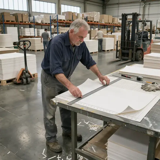 a worker measuring a large parent sheet of paper against a cutting chart in a warehouse storage area
