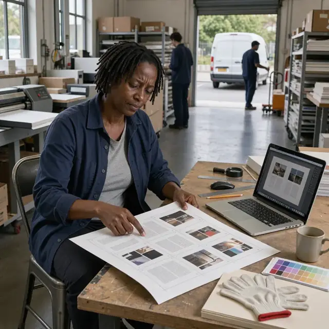 a worker at a desk examining a large printed proof sheet next to an open laptop displaying a book layout