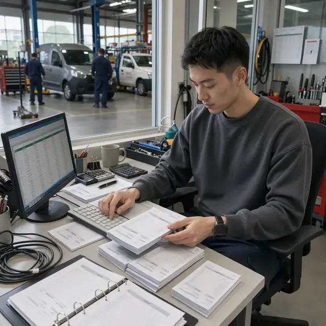 a worker at a desk reviewing a stack of completed job tickets and entering figures into a spreadsheet next to printed invoices