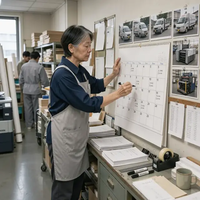 a worker marking job numbers and times on a large wall calendar next to a row of equipment photos in a print shop office