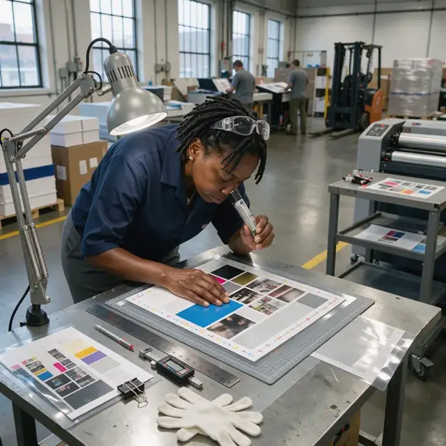 a worker using a loupe and measuring tools to inspect registration marks on a laminated brochure under bright inspection lighting