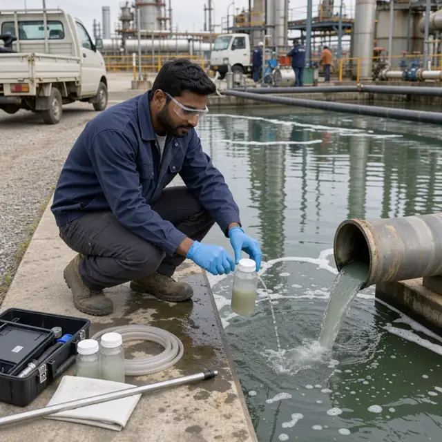a technician collecting a water sample from an outfall pipe at the edge of a refinery wastewater treatment pond