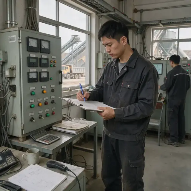 a worker recording readings from an emissions monitoring panel inside an asphalt plant control room