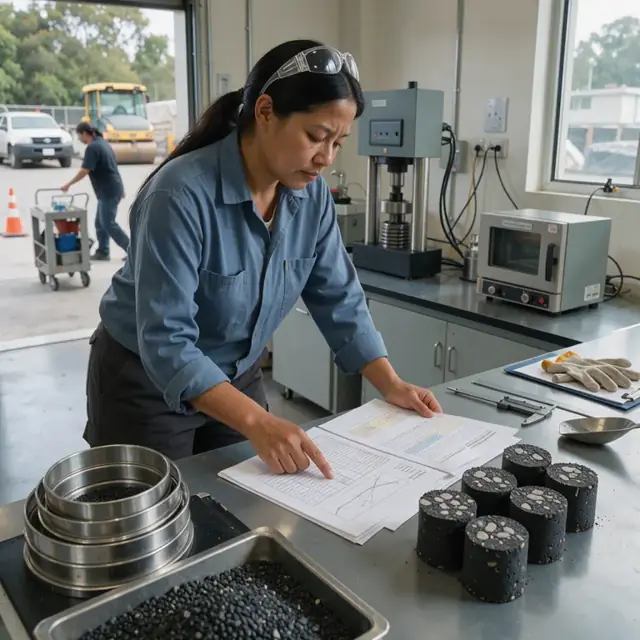 a worker reviewing mix design papers next to sieves and asphalt core samples on a laboratory counter