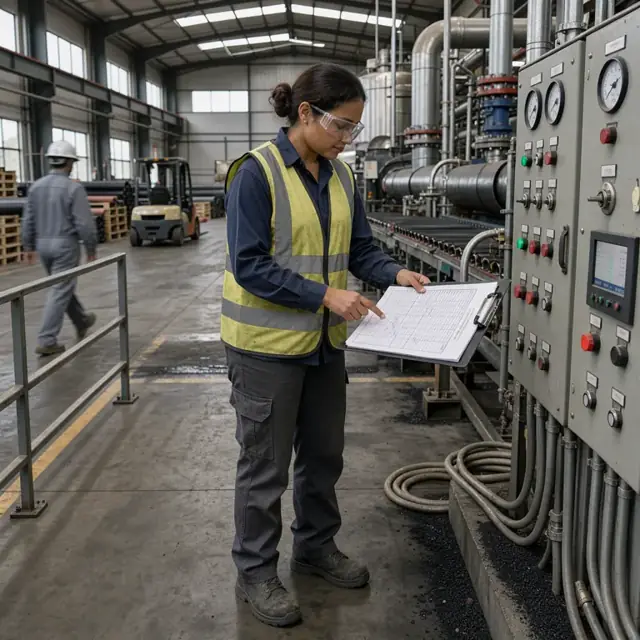a worker wearing safety glasses reviewing a clipboard of emissions and temperature logs next to control panels inside an asphalt roofing manufacturing facility
