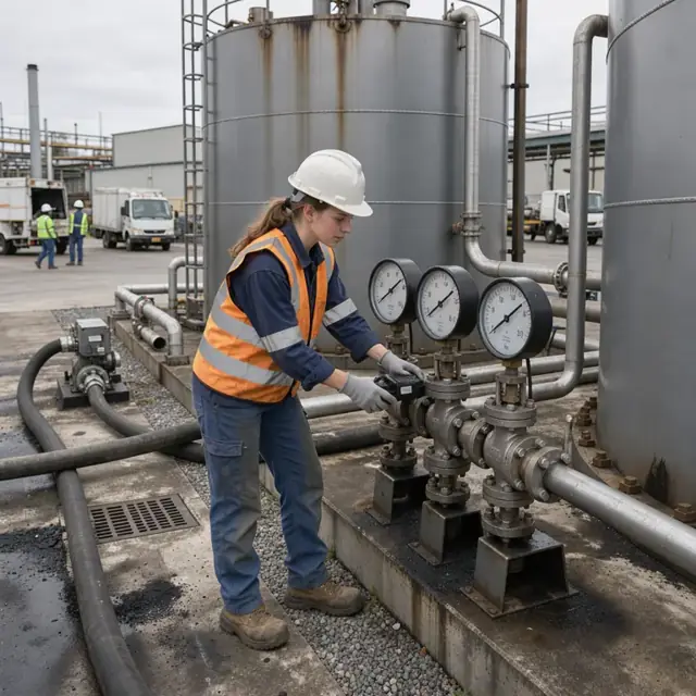 a worker in hard hat and safety vest checking temperature gauges on large asphalt storage tanks outside a manufacturing plant