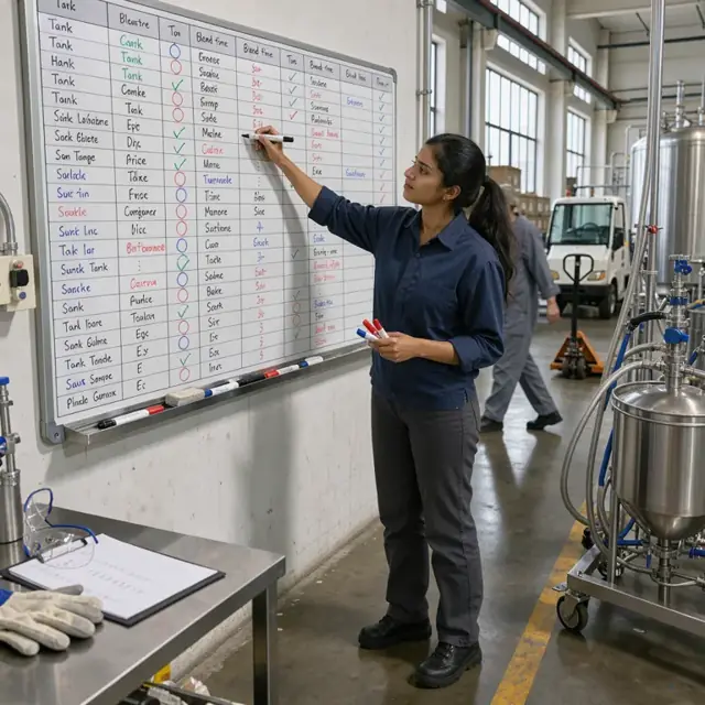 a worker standing at a large wall-mounted production board marking tank assignments and blend times with dry-erase markers