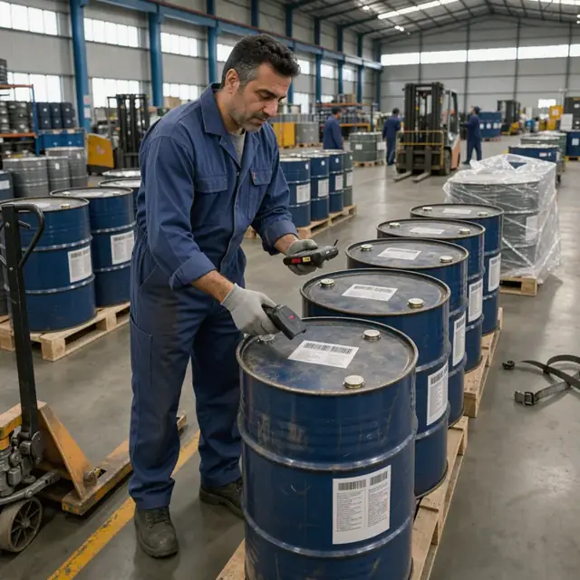 a worker in coveralls scanning barcode labels on stacked drums of base oil inside a large warehouse