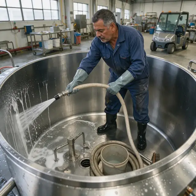 a worker in coveralls hosing down the inside of an empty stainless steel blending tank with cleaning solution