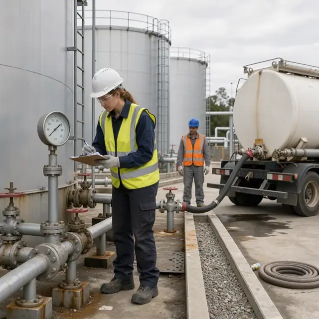 a worker in protective gear checking levels on large outdoor storage tanks and writing on a clipboard beside a tanker truck unloading