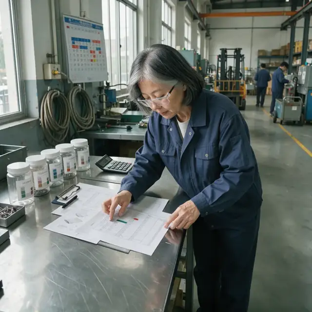 a worker at a metal desk reviewing printed order specifications next to a row of labeled sample containers and a large wall calendar showing production days