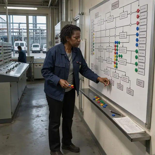 a worker studying a large wall-mounted process flow diagram with colored magnetic markers showing current batch status in a control room