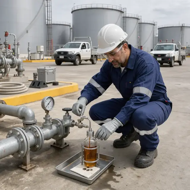a worker in flame-resistant clothing drawing a sample from a pipeline valve into a sealed glass bottle beside a row of large storage tanks at an industrial facility