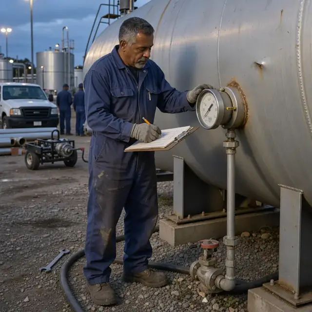 a worker in coveralls measuring the level on a large outdoor storage tank using a gauge and recording values on a clipboard at dusk