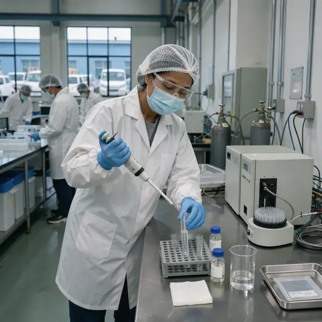 a lab technician in protective gear pipetting a clear liquid sample into a test tube at a bench with gas chromatograph equipment in an industrial laboratory