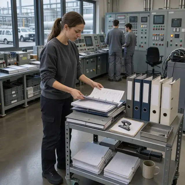 a worker organizing batch records and test reports in binders on a metal shelf inside a control room