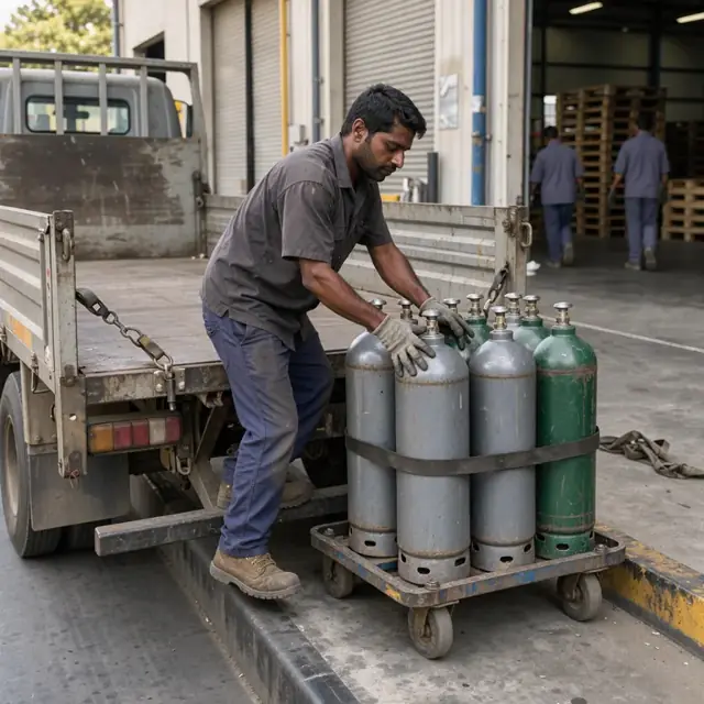 a worker loading strapped gas cylinders onto the bed of a flatbed delivery truck parked at a loading dock