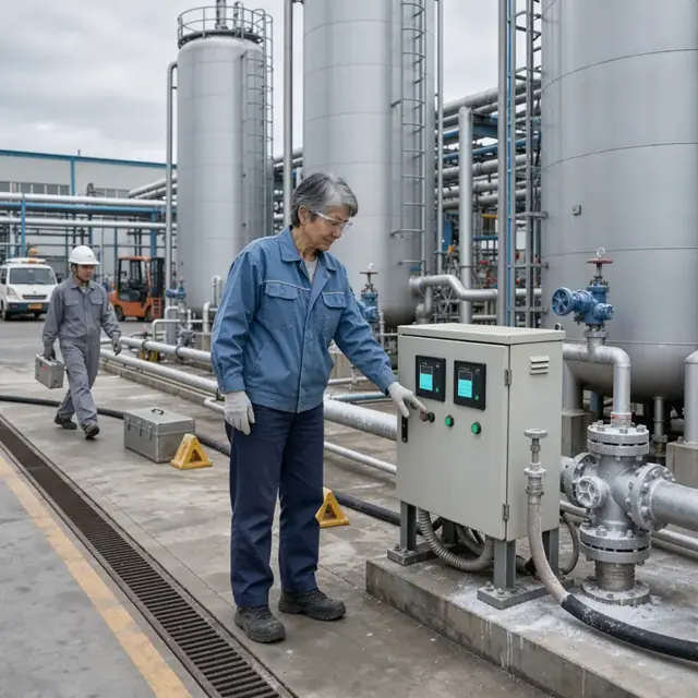 a worker checking digital level readouts on large cryogenic storage tanks outside an industrial gas production facility