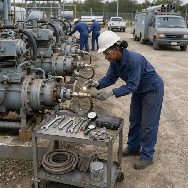 a worker performing a visual inspection on a bank of high-pressure gas compressors with tools laid out on a cart