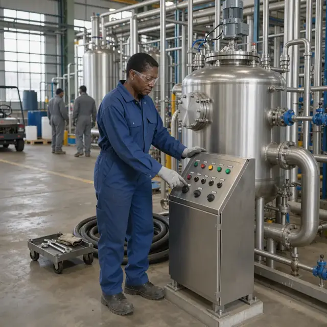 a worker in coveralls operating the control panel of a large stainless steel batch reactor in an industrial chemical plant