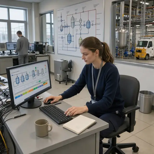 a worker reviewing reactor availability and batch sequences on a control room monitor with piping diagrams on the wall