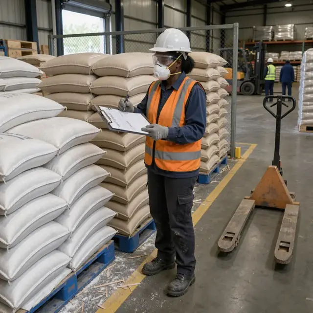 a worker in protective gear checking inventory levels on a clipboard beside stacked sacks of salts in a segregated warehouse bay
