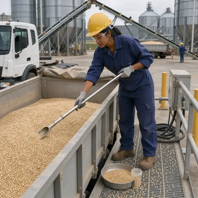 a worker in coveralls collecting a grain sample from a truck trailer using a probe at a plant unloading bay with silos in the background