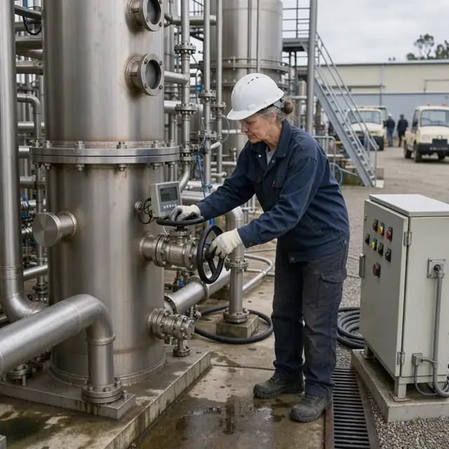 an operator adjusting a valve on a large stainless-steel distillation column while checking a digital readout