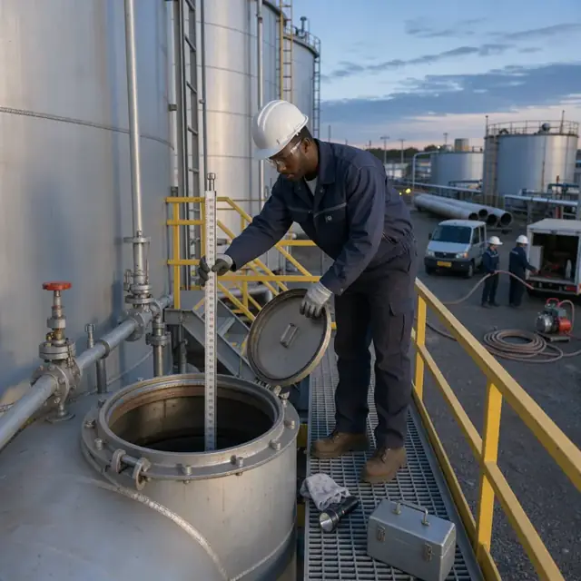 a worker in a hard hat measuring the level in a large outdoor storage tank with a gauge stick at dusk