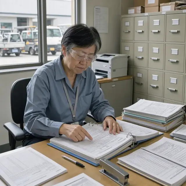 a worker wearing safety glasses reviewing stacked binders of batch records and printed regulatory forms at a desk beside a row of filing cabinets